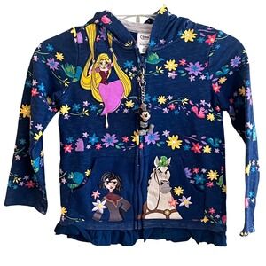 Disney Tangled Rapunzel Blue‎ Embroidered Full Zip Floral Hoodie Ruffled Hem 5/6